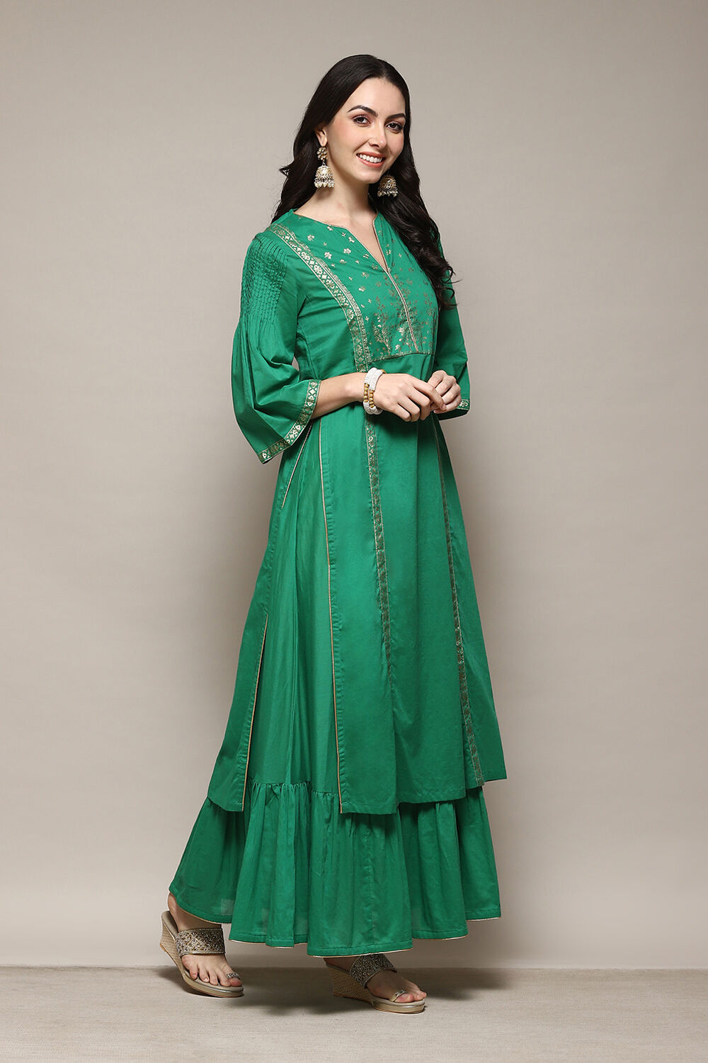 Green Cotton Flared Printed Kurta image number 5