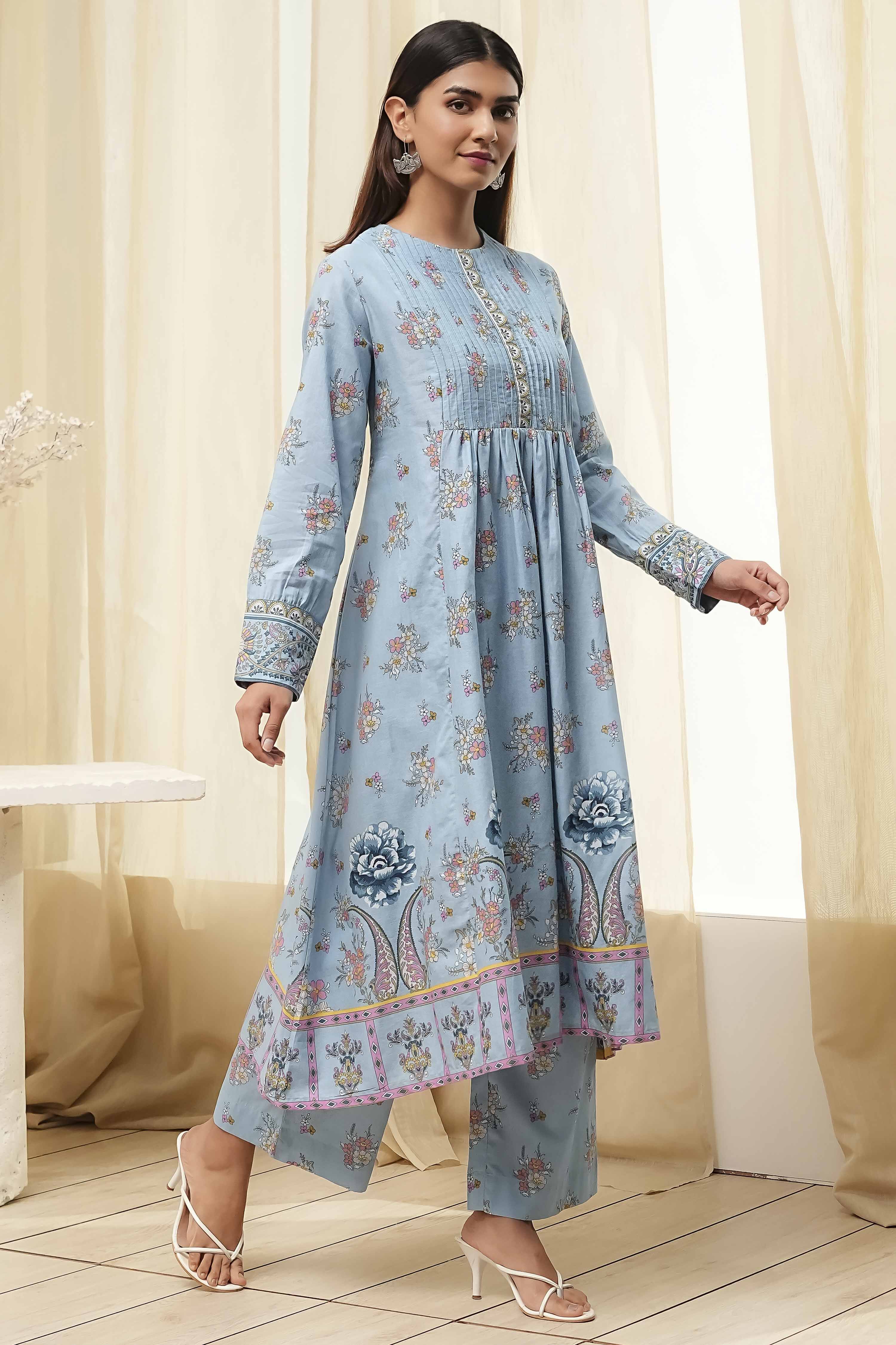 Dull Blue Cotton Flared Printed Kurta Set image number 5
