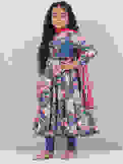 Marine Blue Cotton Flared Kurta Churidar Suit Set image number 6