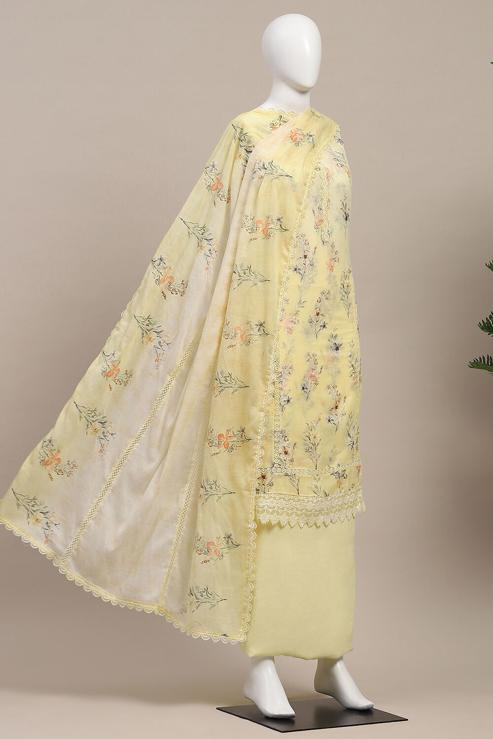 Yellow Cotton Printed Unstitched Kurta Set image number 4