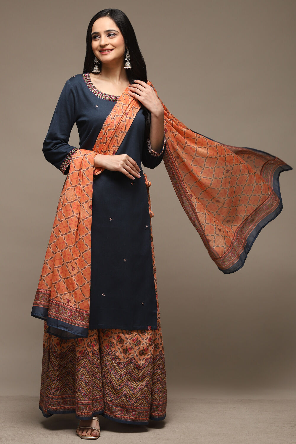 Blue Cotton Straight Kurta Sharara Suit Set image number 0