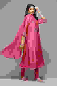 Coral Cotton Blend Layered Kurta Churidar Suit Set image number 7