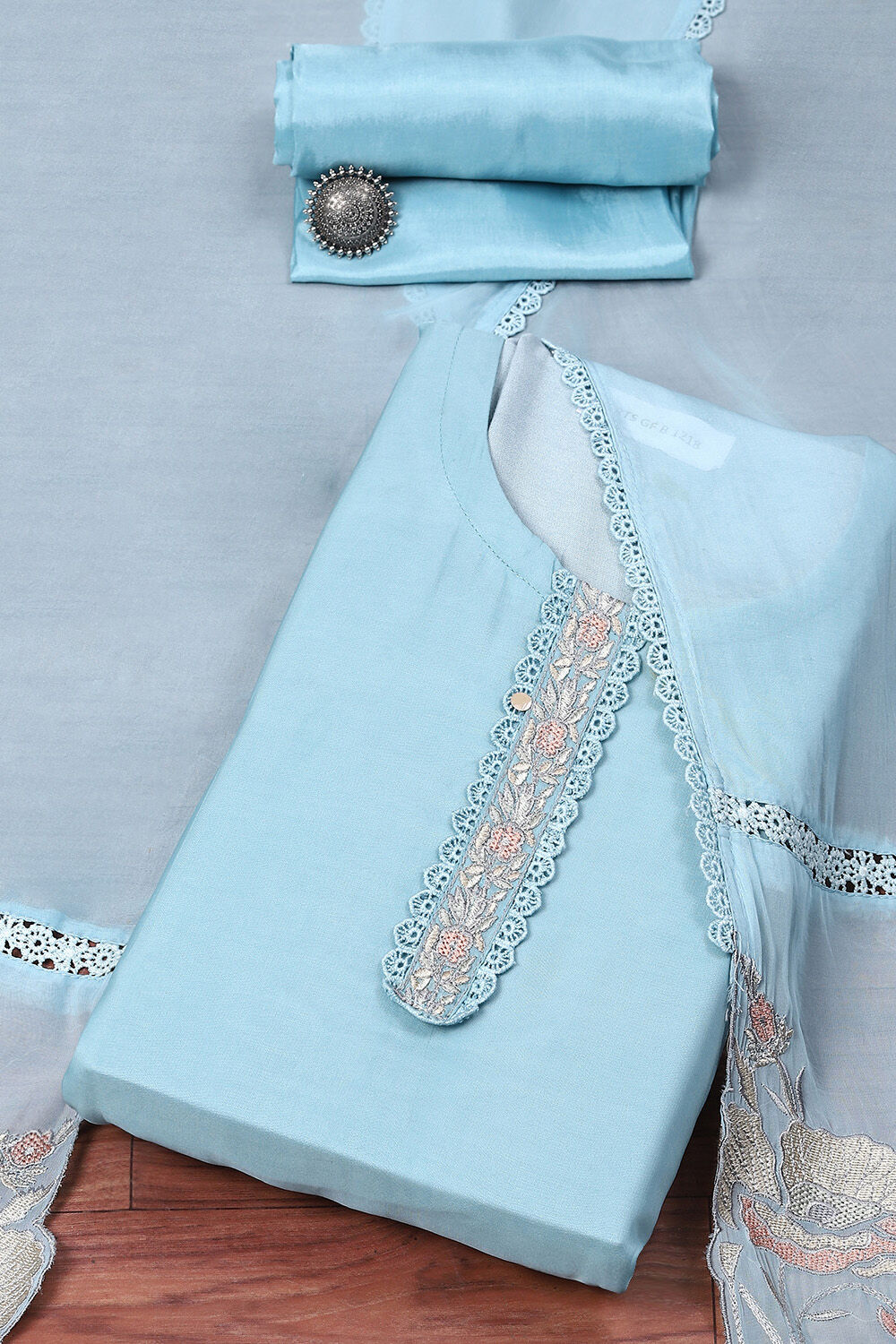 Blue Organza Digital Print Unstitched Suit Set image number 0