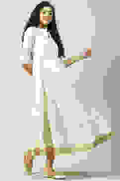 Off White Cotton Flared Fusion Printed Dress image number 3