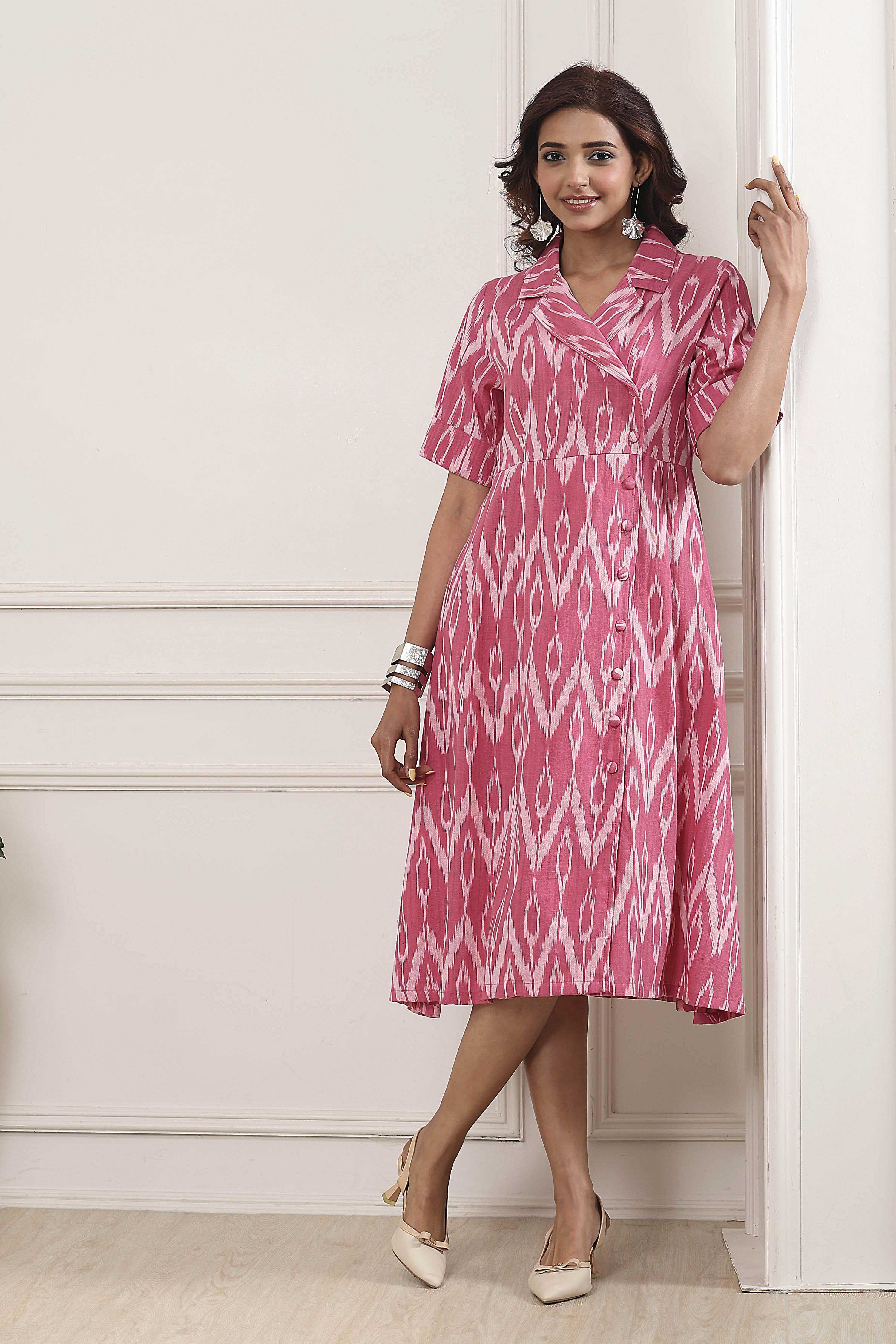 Pink Cotton Ikat Printed Flared Dress image number 0