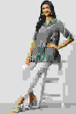 Teal LIVA Straight Printed Shirt image number 5