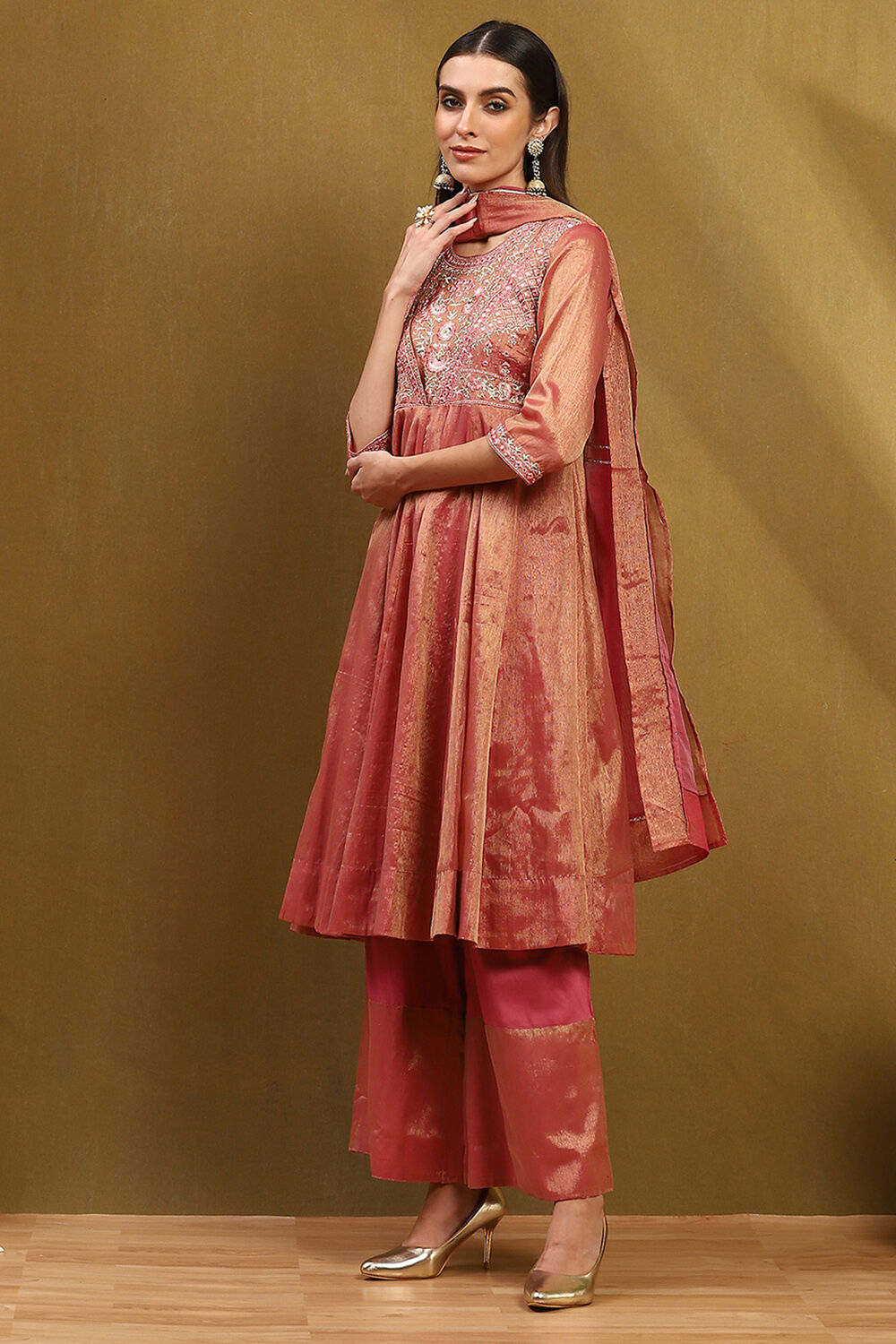 Old Rose-Toned Zari Cotton Embroidered Anarkali Suit Set image number 3