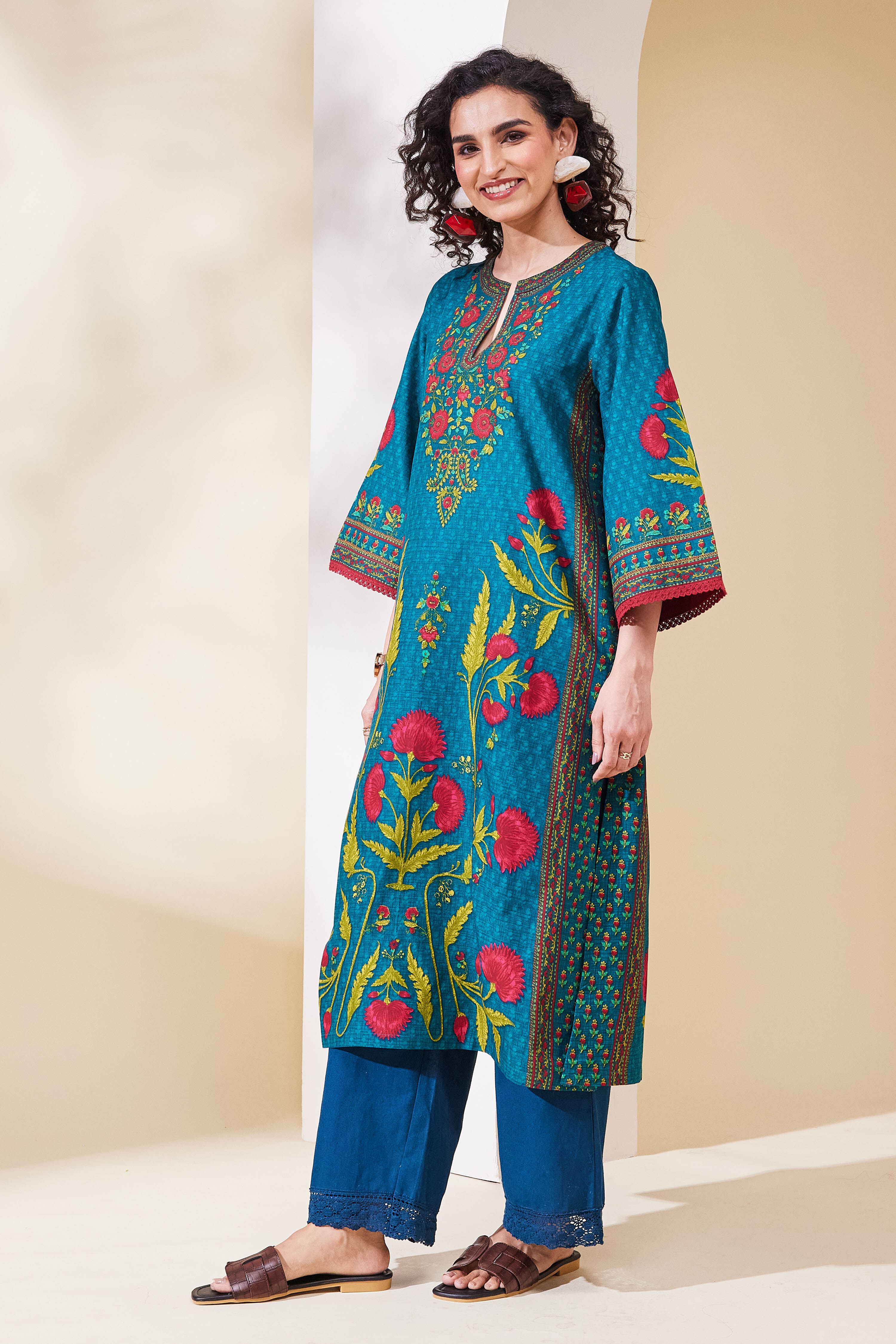 Teal Cotton Straight Kurta image number 2