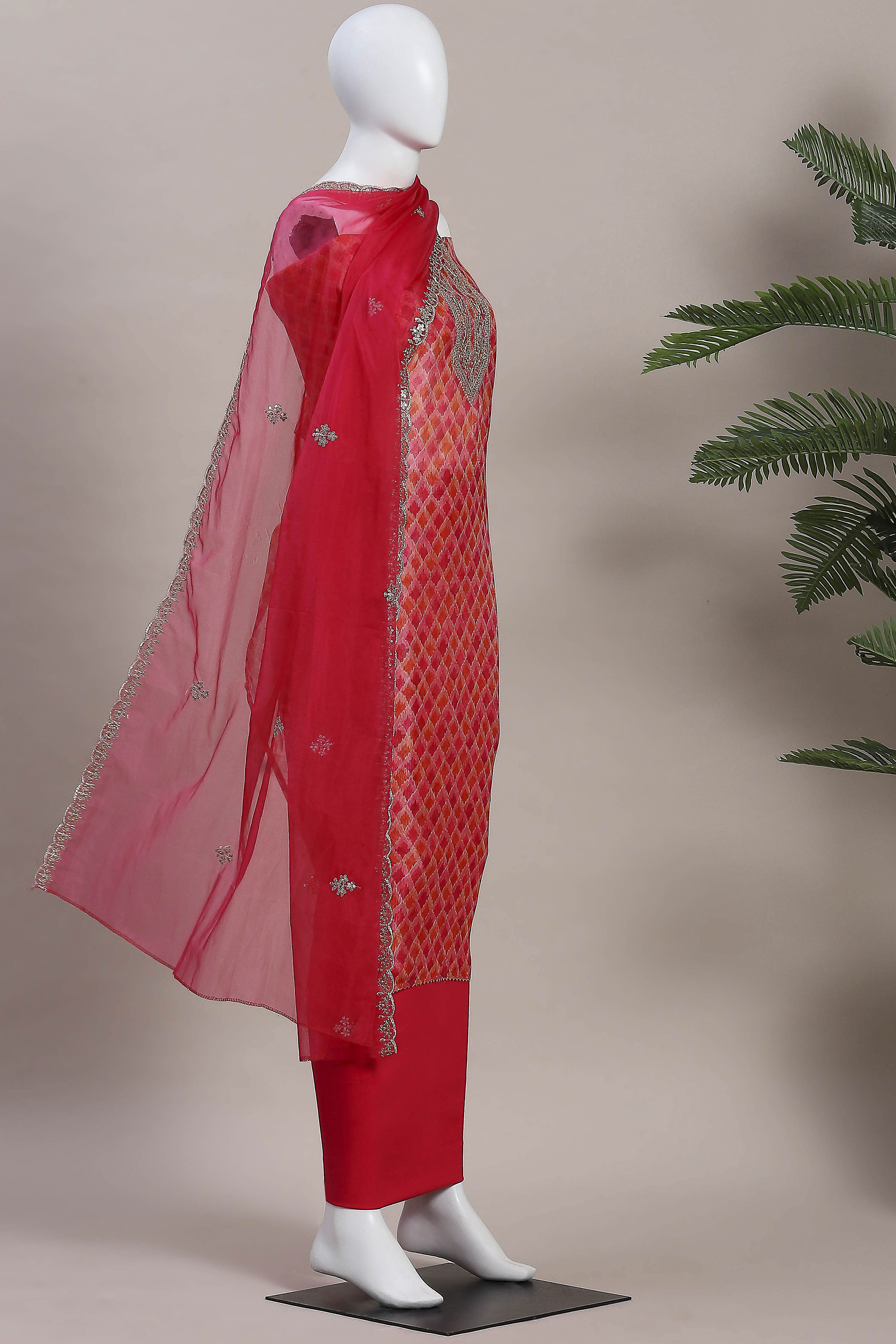 Pink Organza Rajasthani Print Unstitched Suit Set image number 4