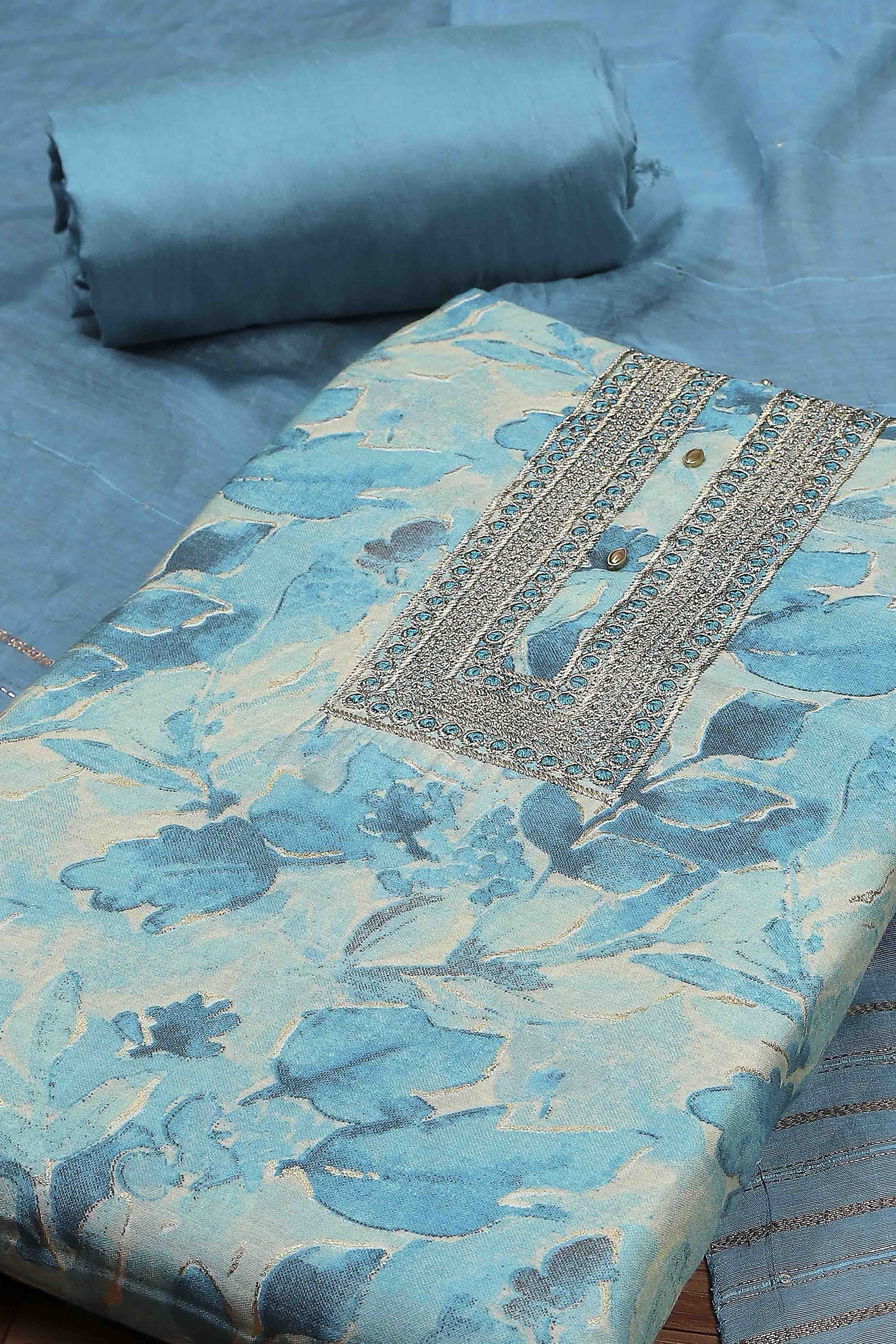 Blue Modal Rajasthani Print Unstitched Suit Set image number 1