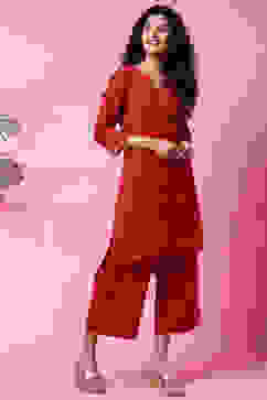 Red Cotton Flax Straight Kurta Pants Set image number 5