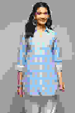 Ice Blue Cotton Embroidered Kurti image number 5