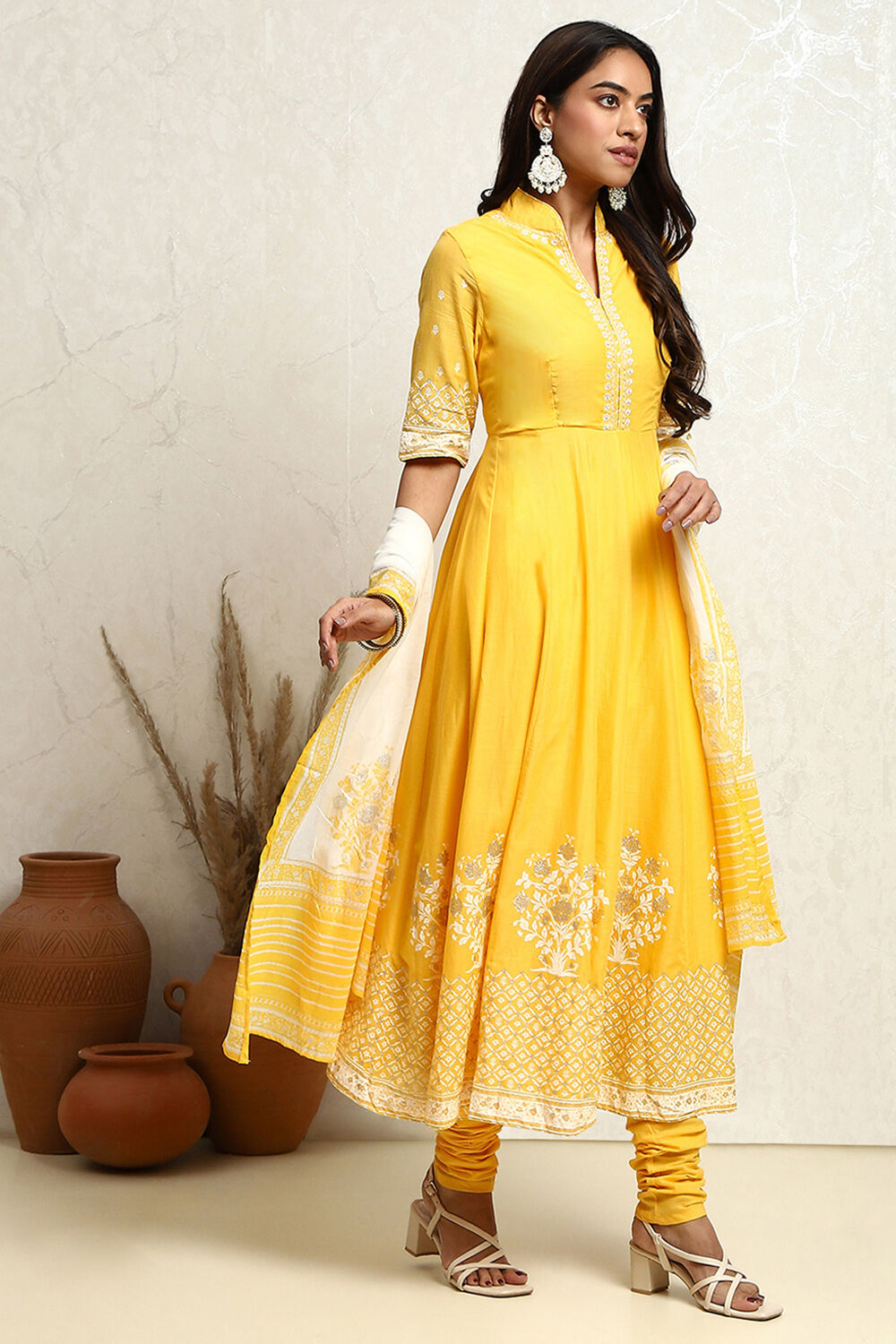 Yellow Blue Printed Cotton Anarkali Suit Set image number 5