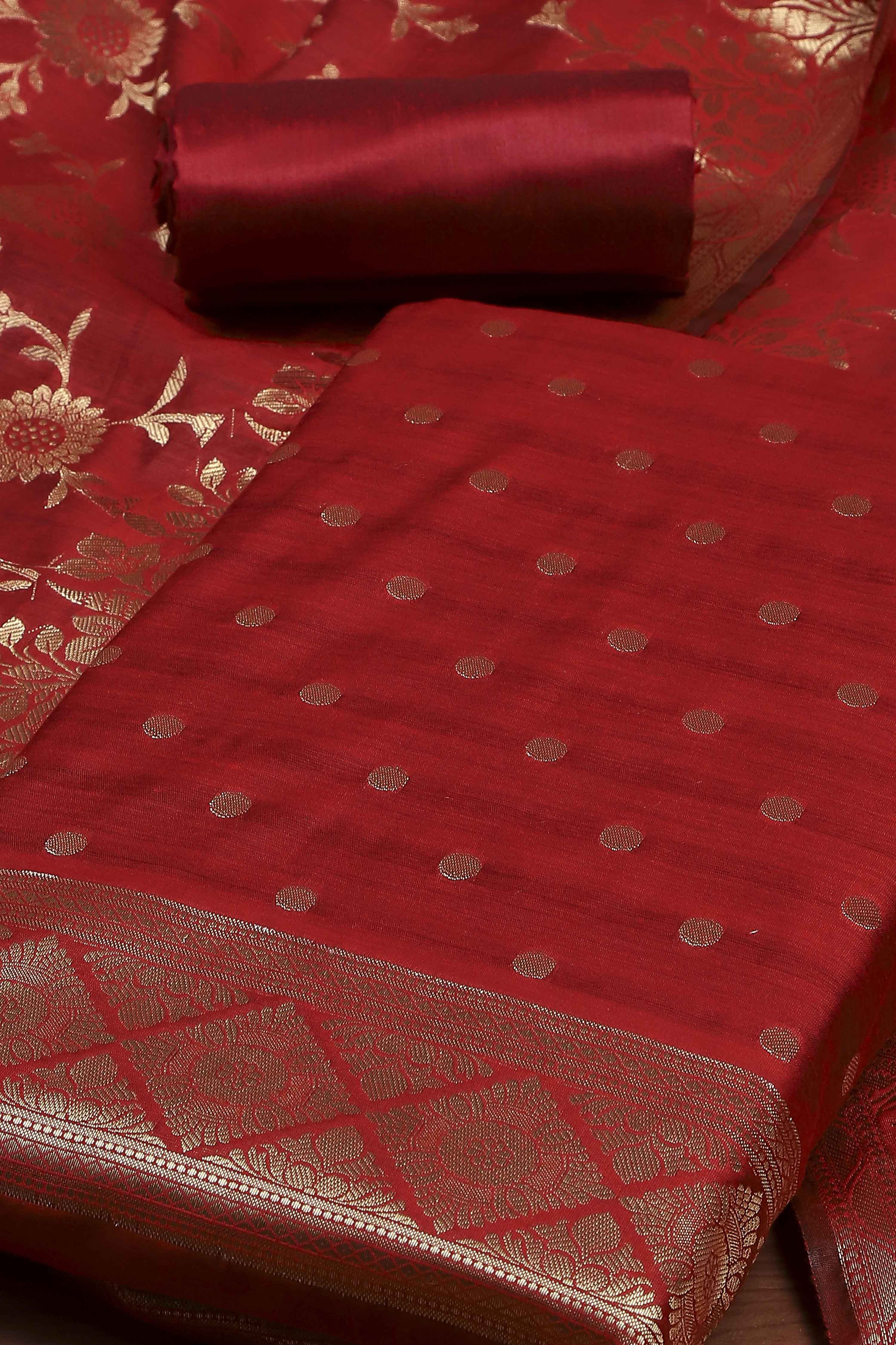 Red Banarasi Chanderi Banarasi Print Unstitched Suit Set image number 1