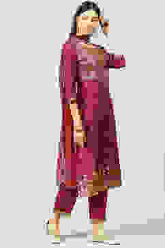 Wine Straight Kurta Regular Pants Suit Set image number 6