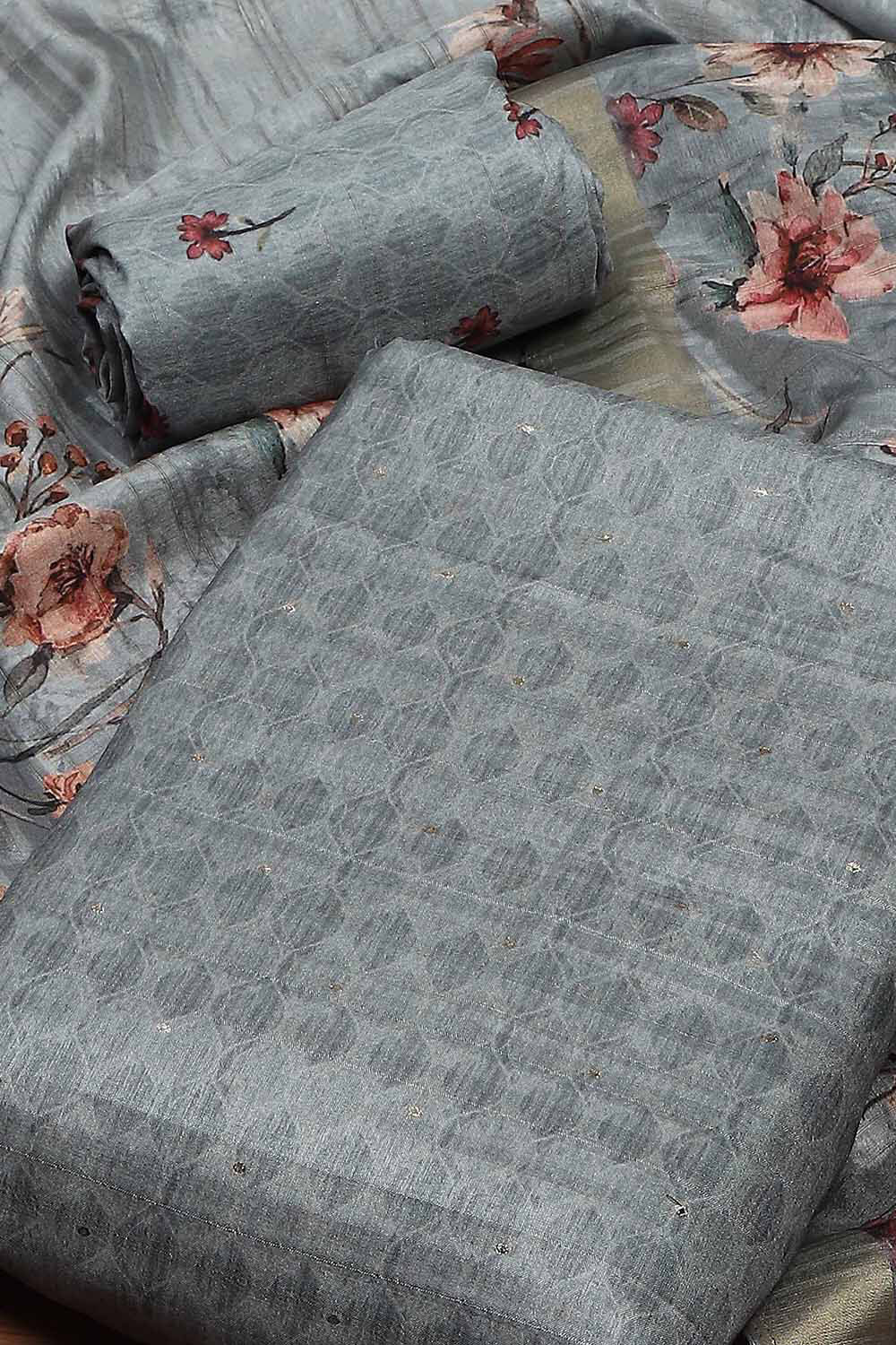 Grey Silk Tussar Handloom Unstitched Suit Set image number 1
