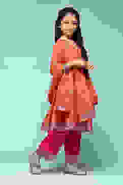 Orange Polyester Front Open Printed Suit Set image number 6