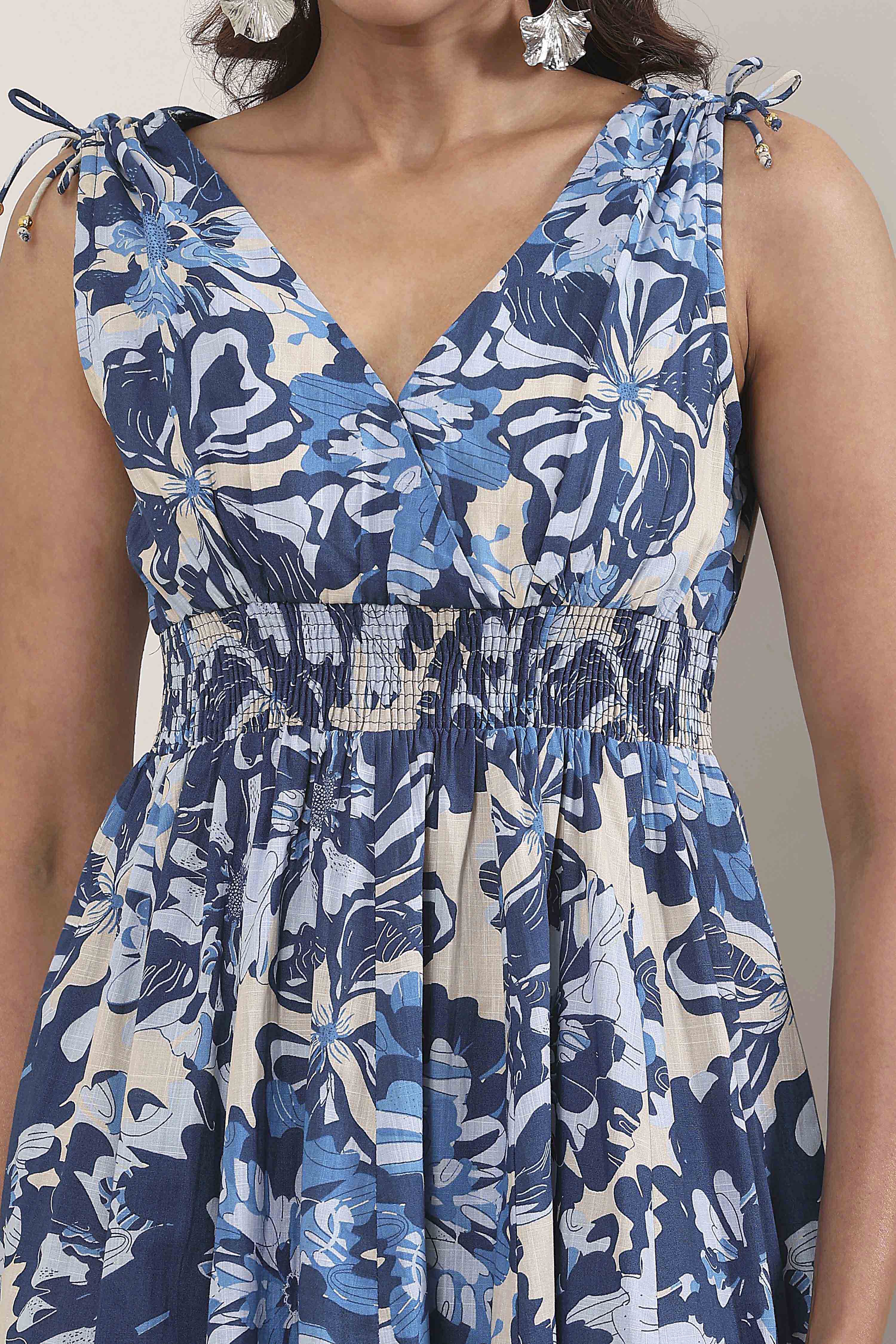 Blue Cotton Printed Kalidar Flared Dress image number 1