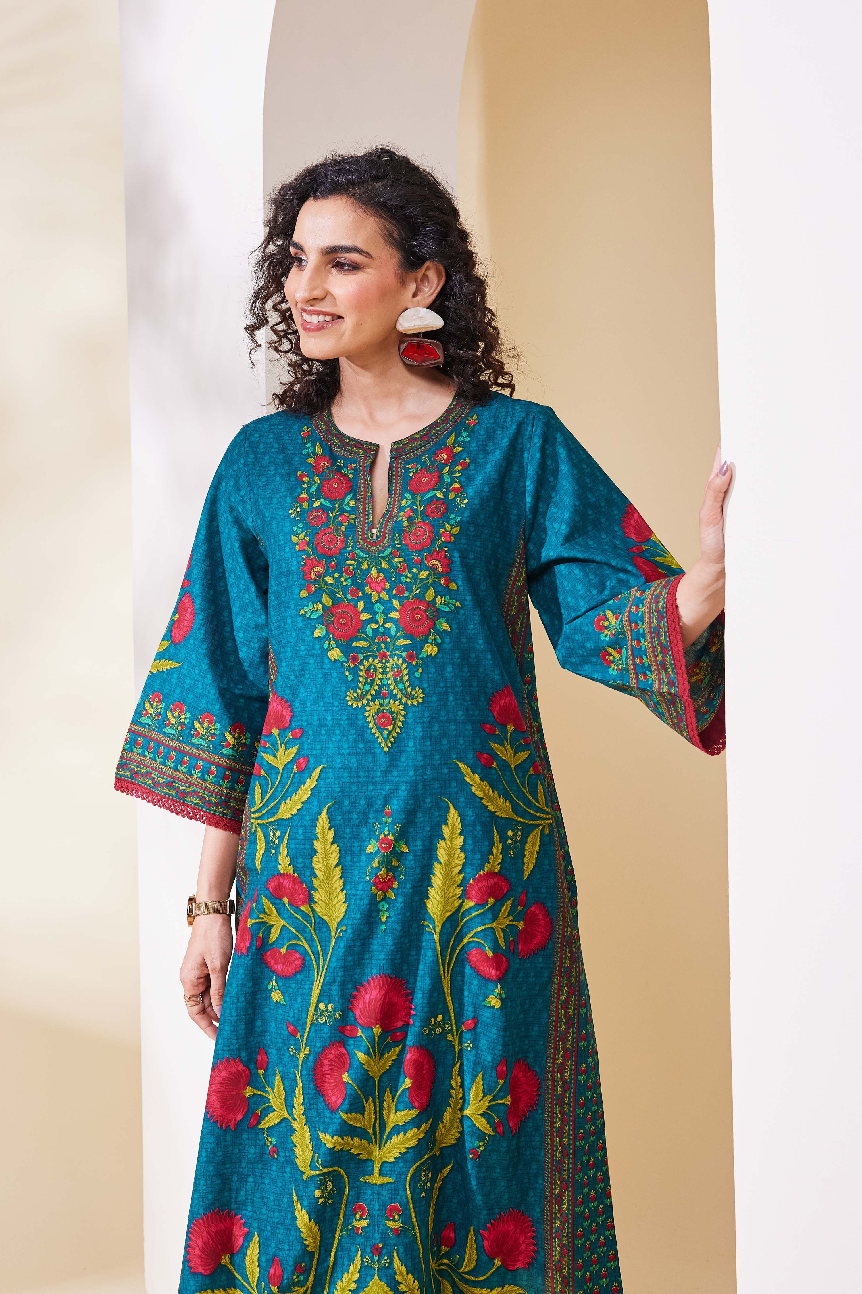 Teal Cotton Straight Kurta image number 5