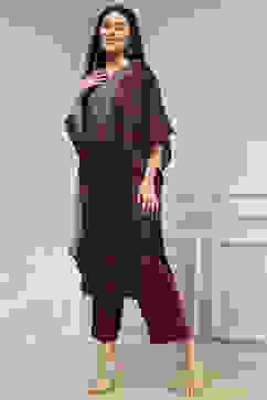 Blue and Brown Satin Printed Kaftan-Style Kurta Set image number 3