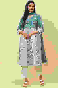 Blue White Cotton Flared Kurta Slim Pant Suit Set image number 0