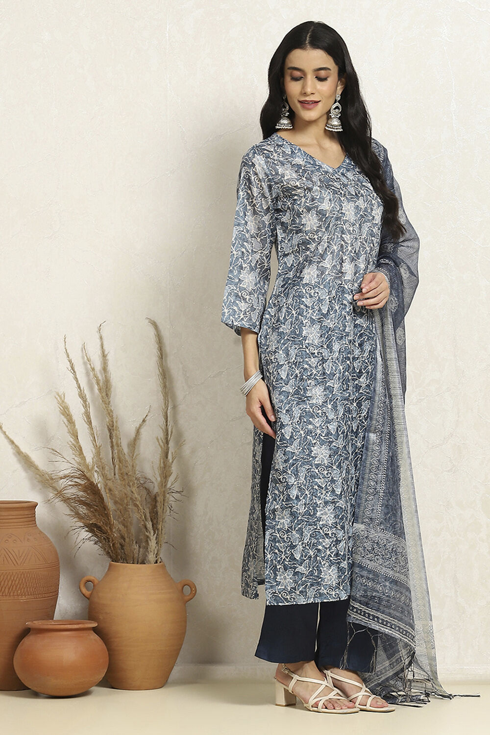 Blue Cotton Kota Floral Printed Unstitched Suit Set image number 6