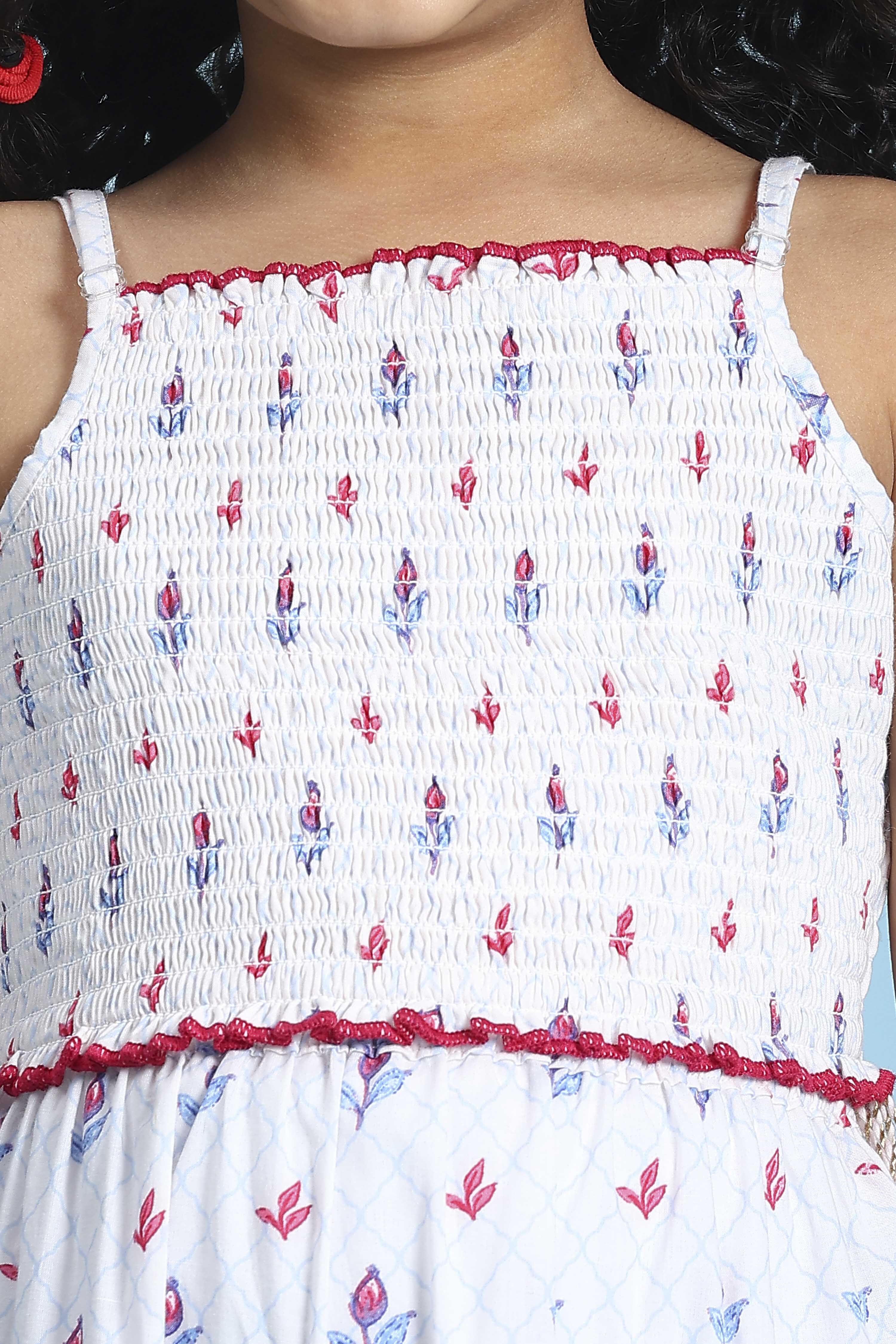 White Cotton Printed Tiered Lehenga Set image number 1