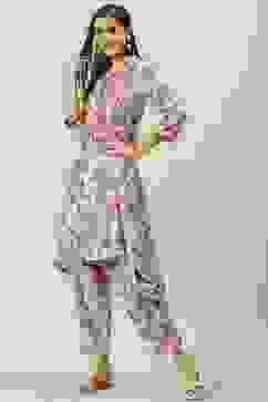 Multi-coloured Printed Asymmetric Kurta Relaxed Salwar Suit Set image number 3