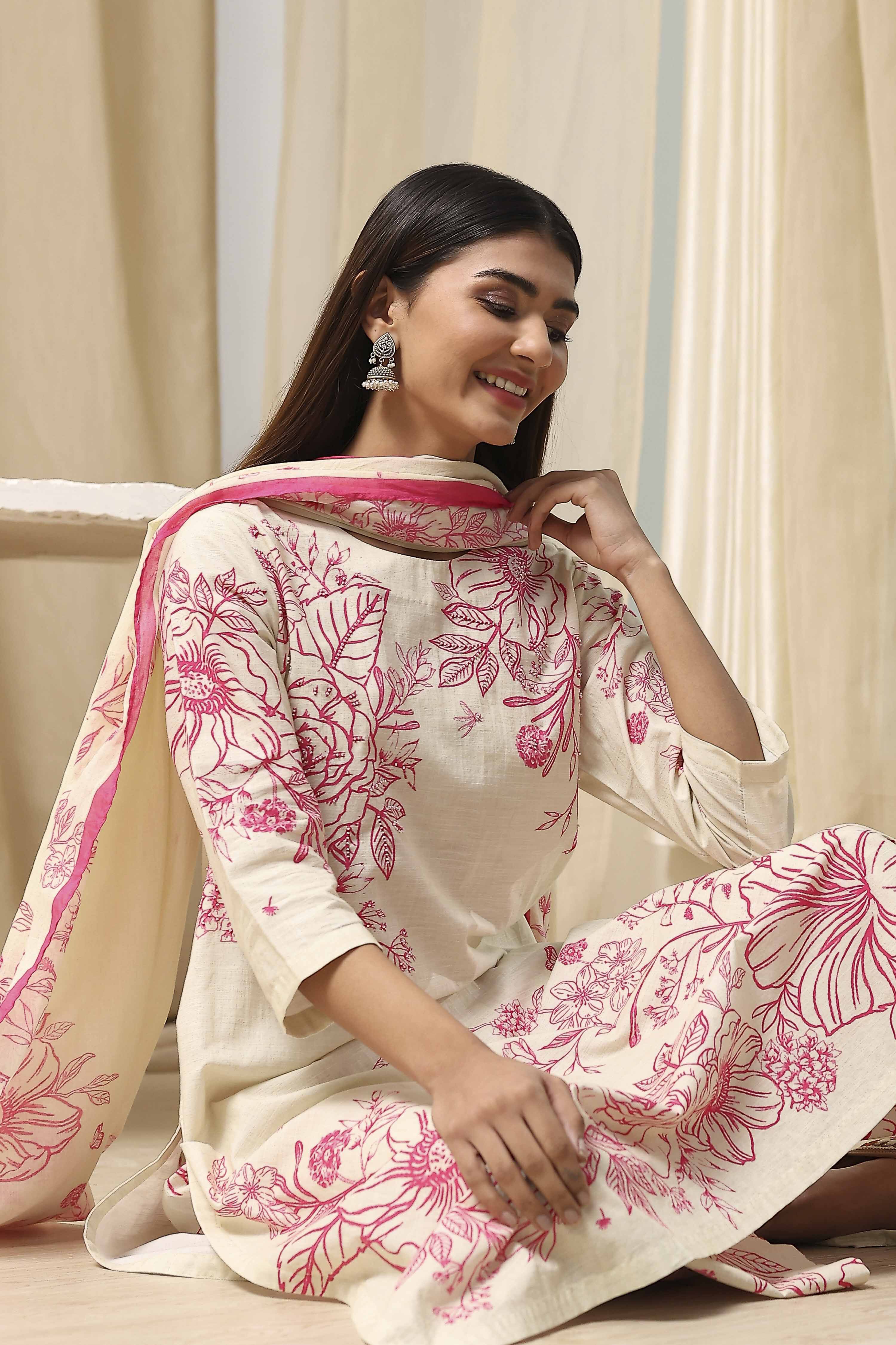 Off-White and Pink Cotton Straight Suit Set image number 0