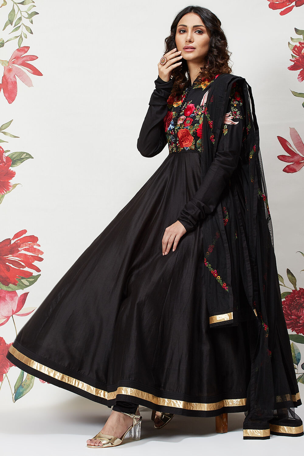 Rohit Bal Black Cotton Silk Anarkali Embroidered Suit image number 0