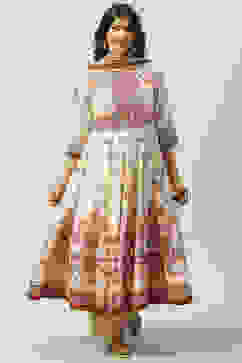 Beige Cotton Blend Anarkali Kurta Palazzo Suit Set image number 0