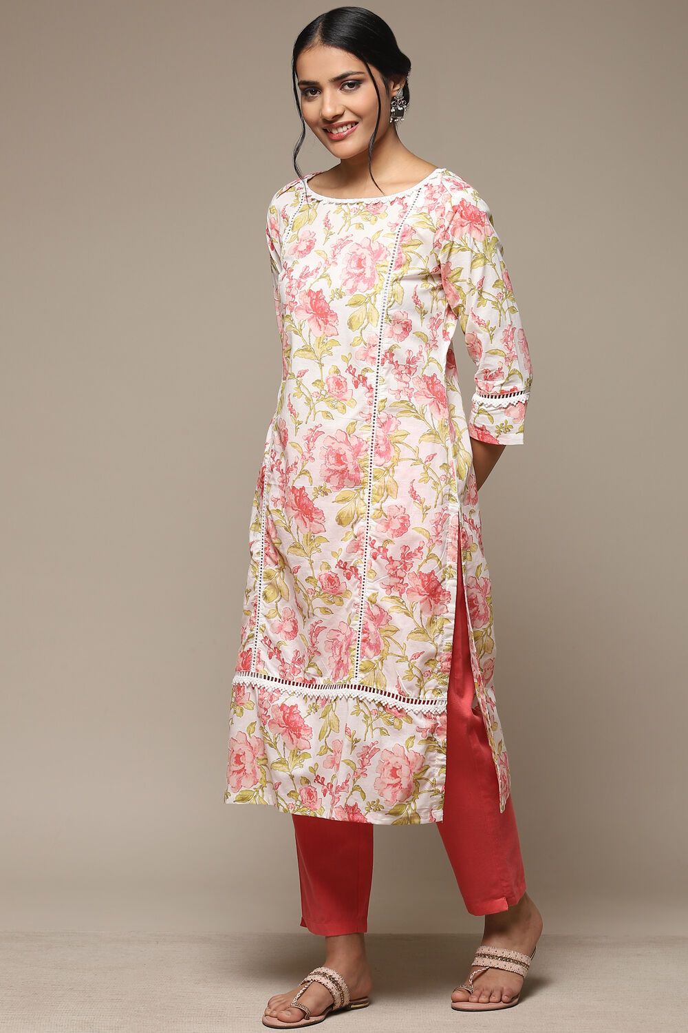 Pink Cotton Straight Printed Kurta image number 0