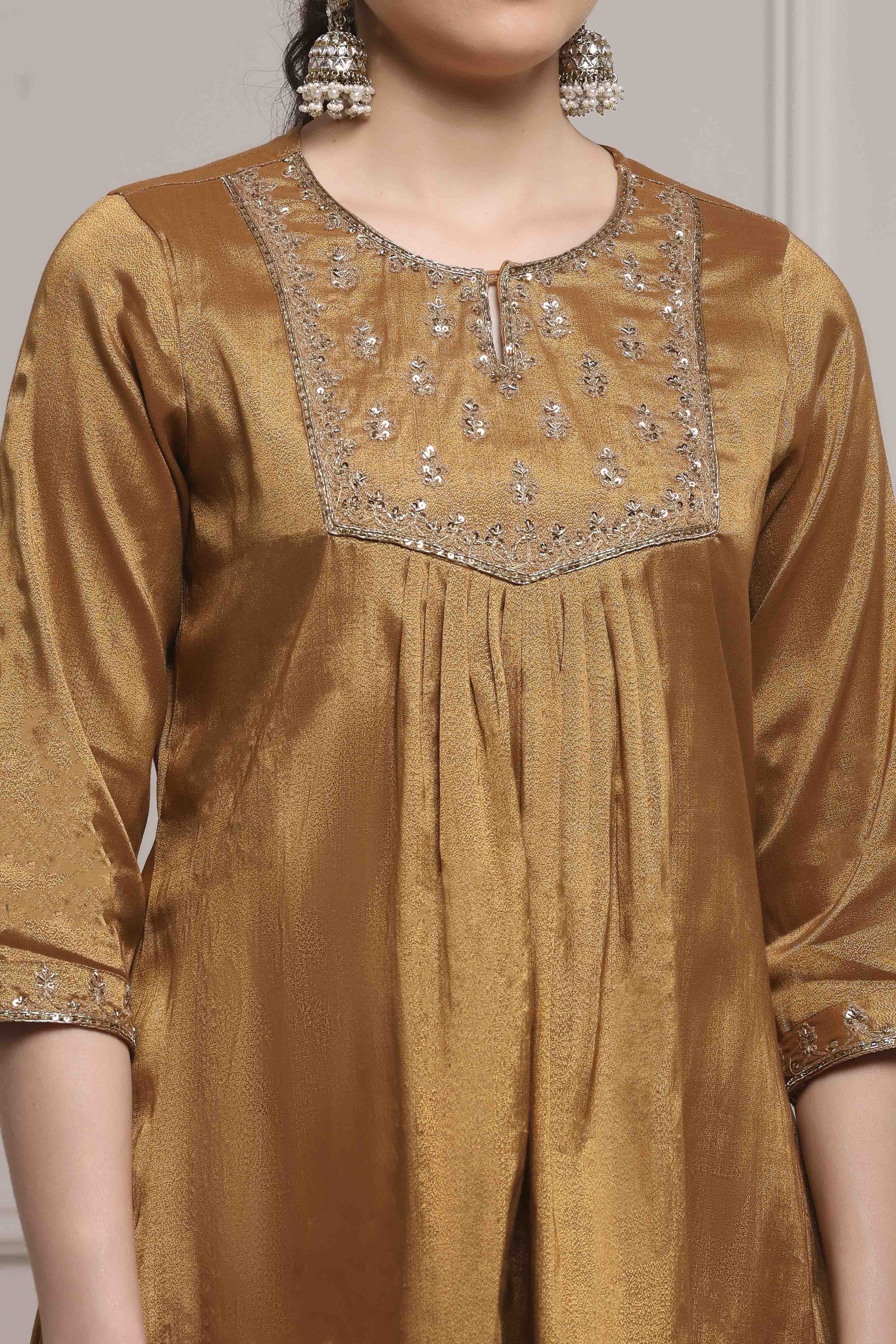 Copper Gold Cotton Tissue Embroidered Gathered Suit Set image number 1
