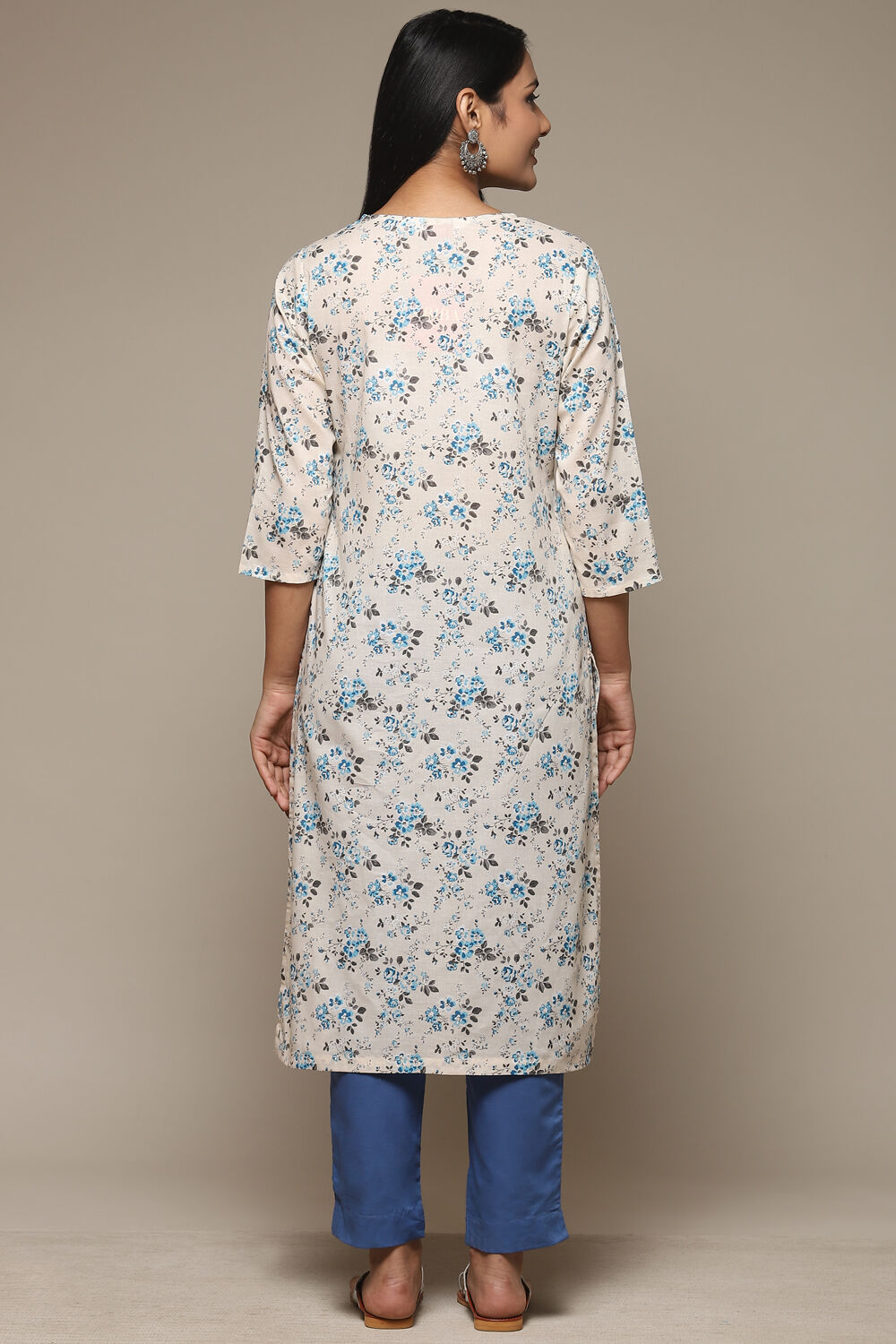 Cream Cotton A-Line Printed Kurta image number 4