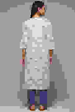 Cream Cotton A-Line Printed Kurta image number 4