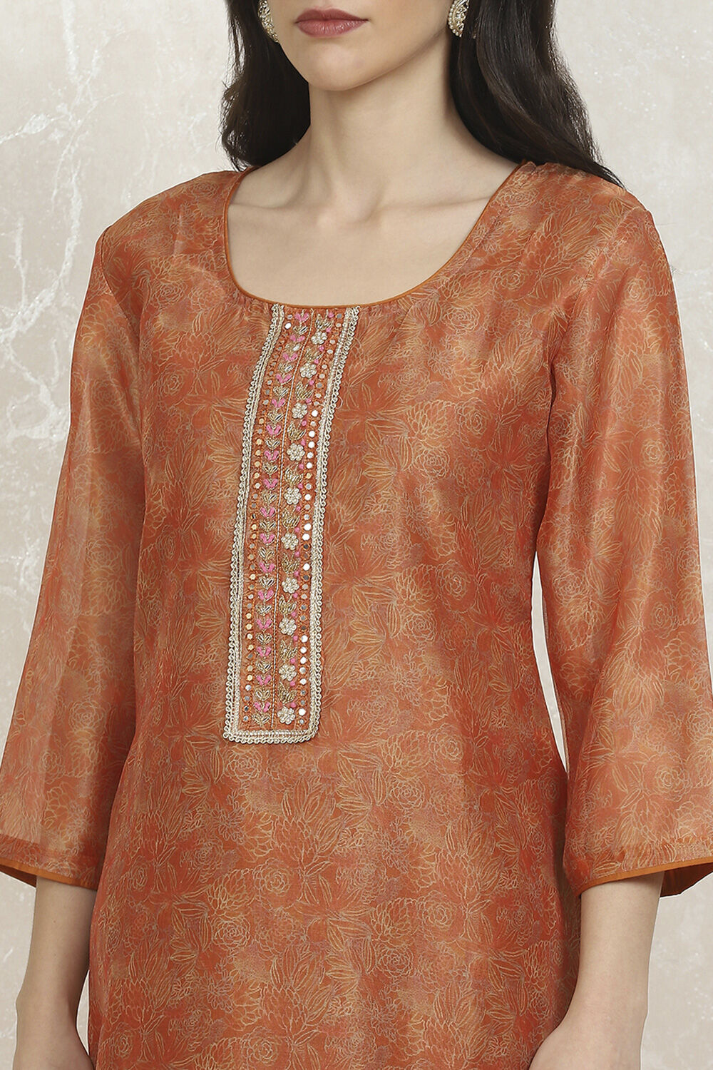 Orange Cotton Printed Embroidered Unstitched Suit Set image number 2