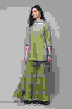 Sap Green Cotton Blend Straight Kurta Garara Suit Set image number 5