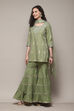 Sap Green Cotton Blend Straight Kurta Garara Suit Set image number 5