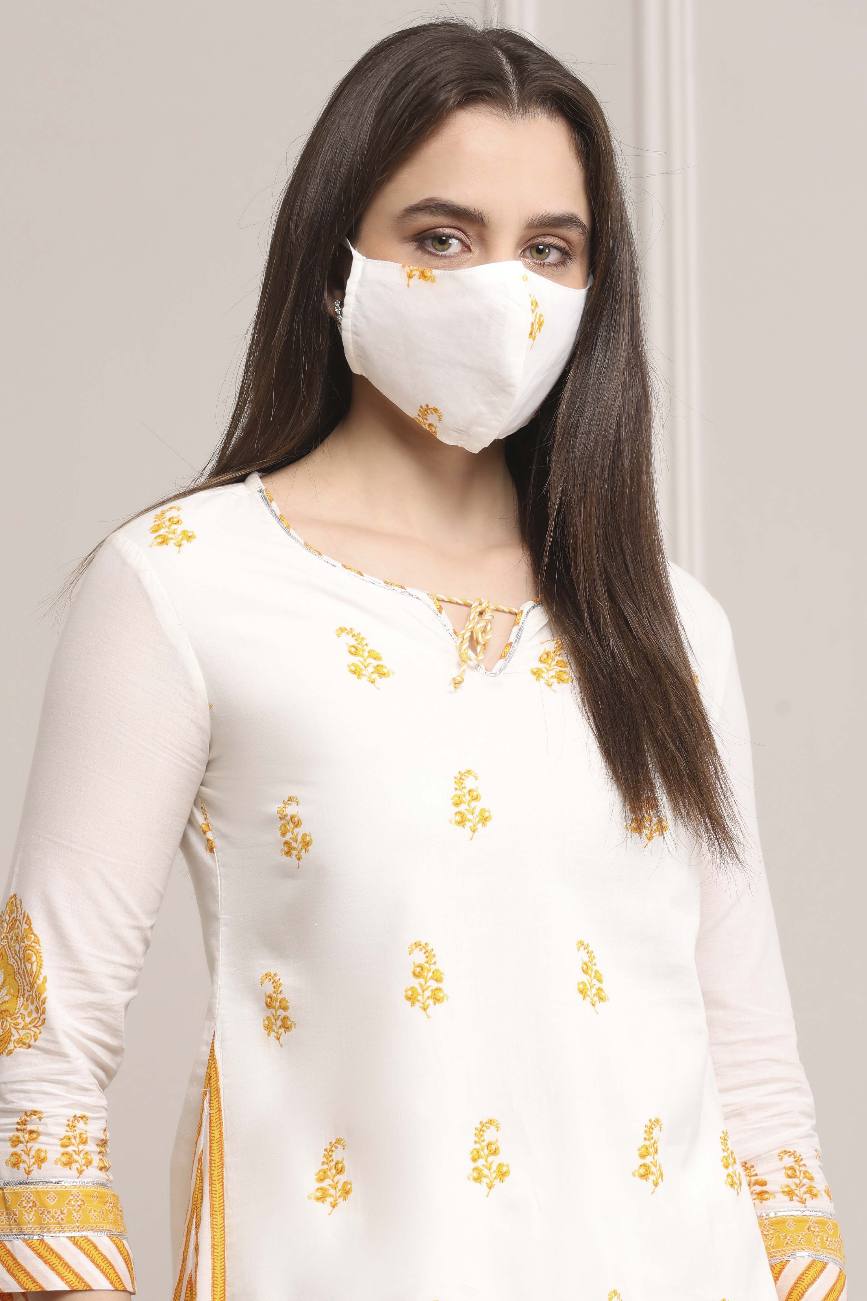 White-Yellow Cotton A-Line Kurta Pants Set image number 7