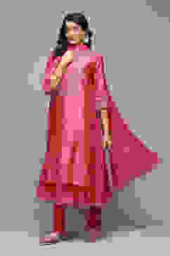 Coral Cotton Blend Layered Kurta Churidar Suit Set image number 6