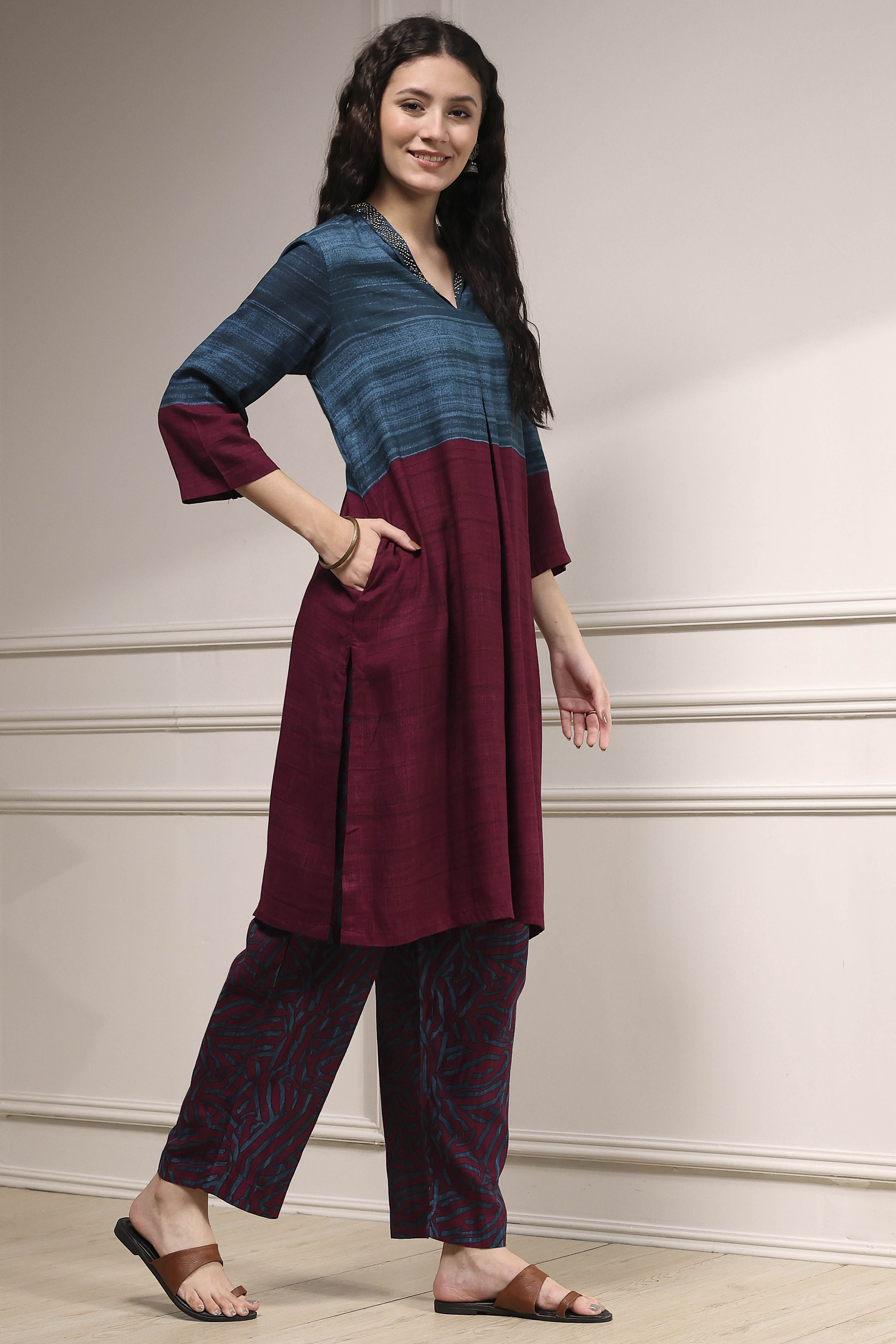 Teal Viscose Rayon Straight Printed Kurta Pants Set image number 5