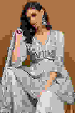 Aqua Blue Cotton Floral Printed Peplum Flared Suit Set image number 7