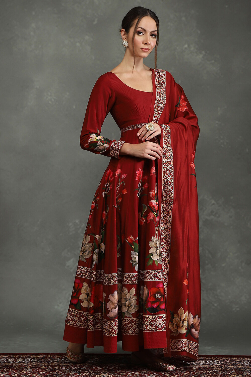 Maroon Silk Chanderi Floral Anarkali Suit Set image number 4