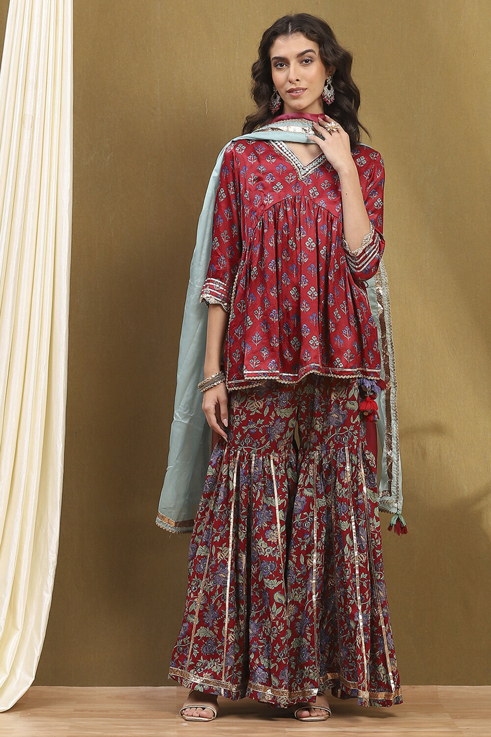 Cherry Red Viscose Blend Floral Peplum Kurta Suit Set image number 6