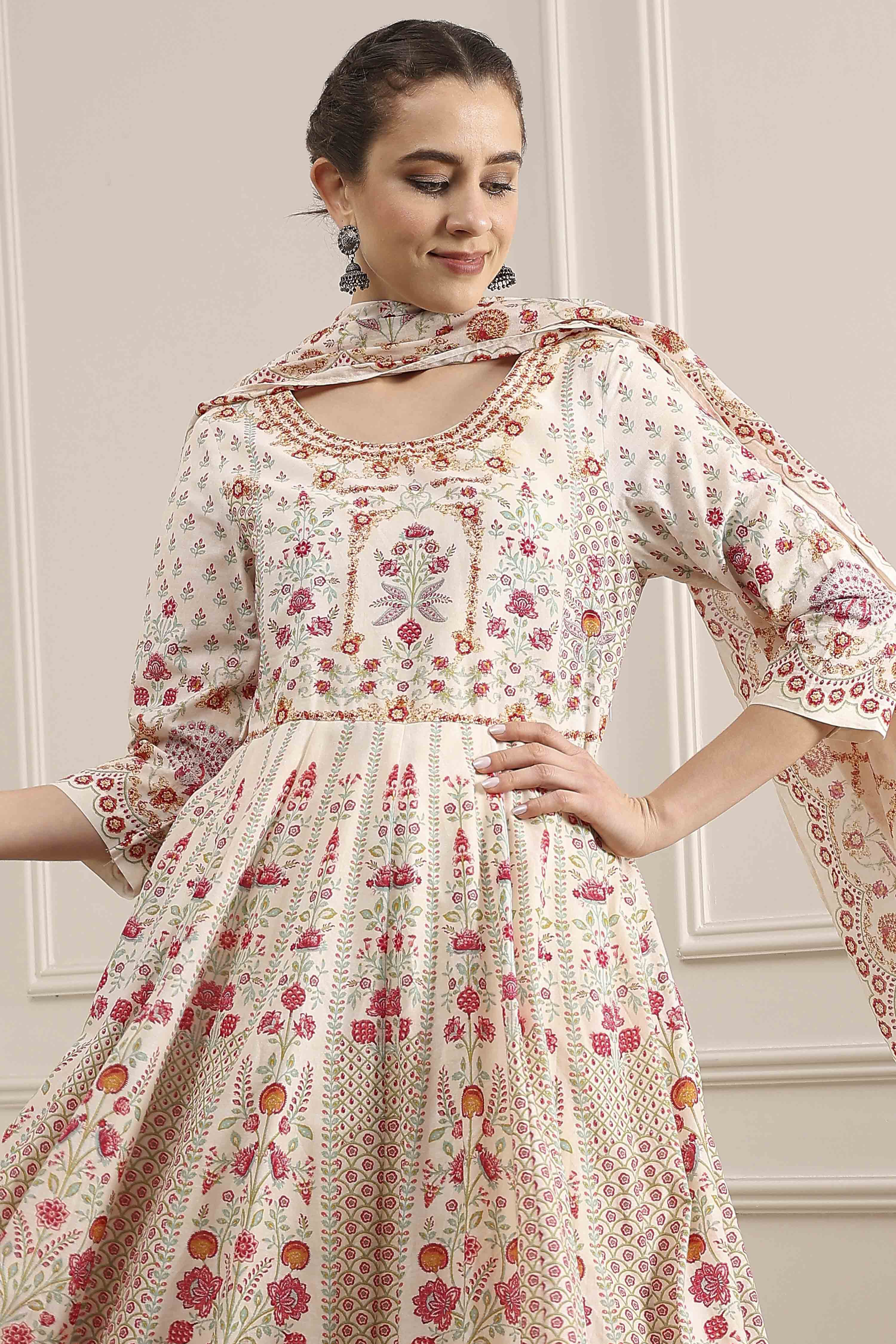 Off-White Cotton Printed Anarkali Suit Set image number 7