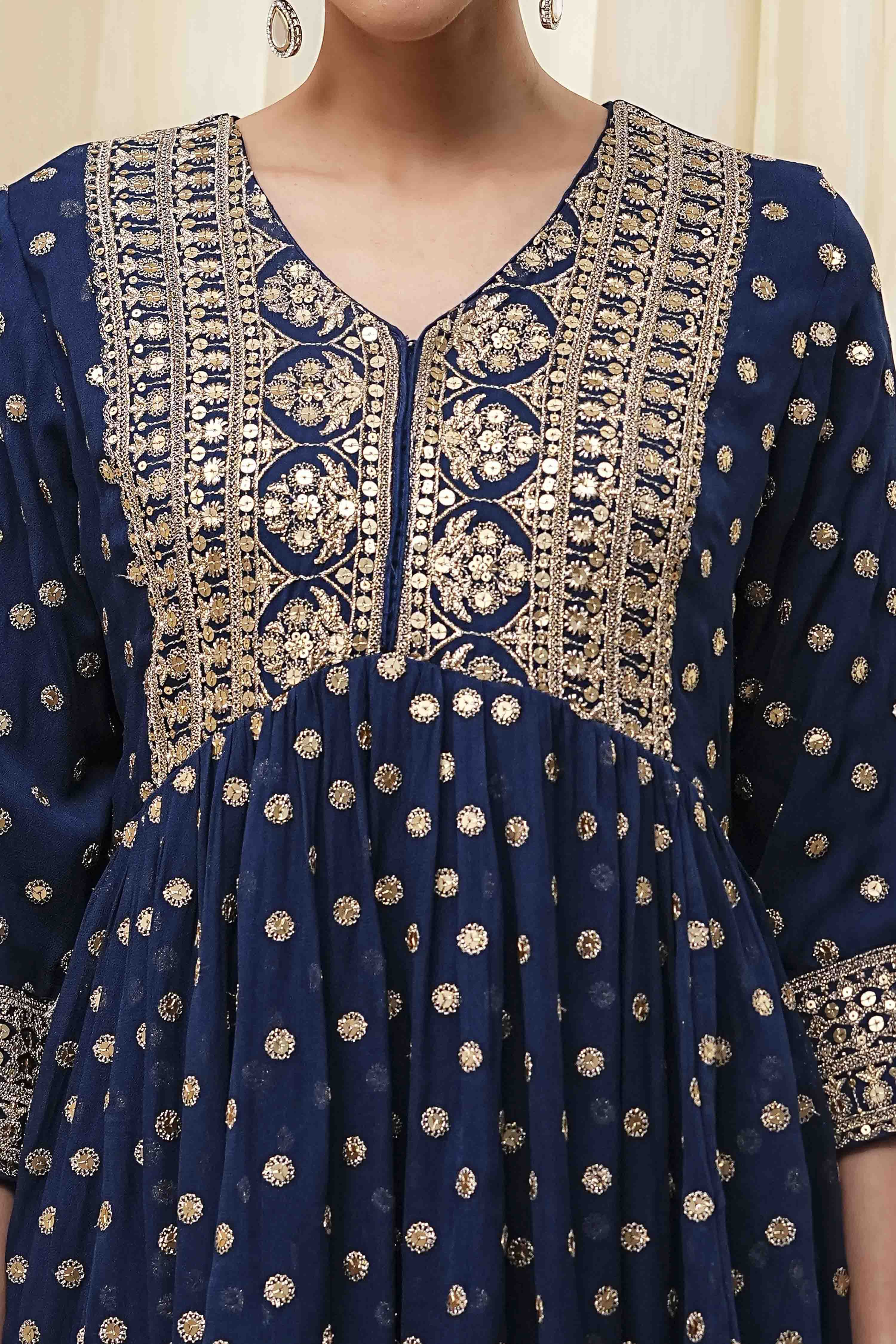 Teal Blue Georgette Embroidered Peplum Suit Set image number 2