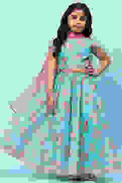 Blue Poly Chanderi Floral Printed Flared Lehenga Set image number 0