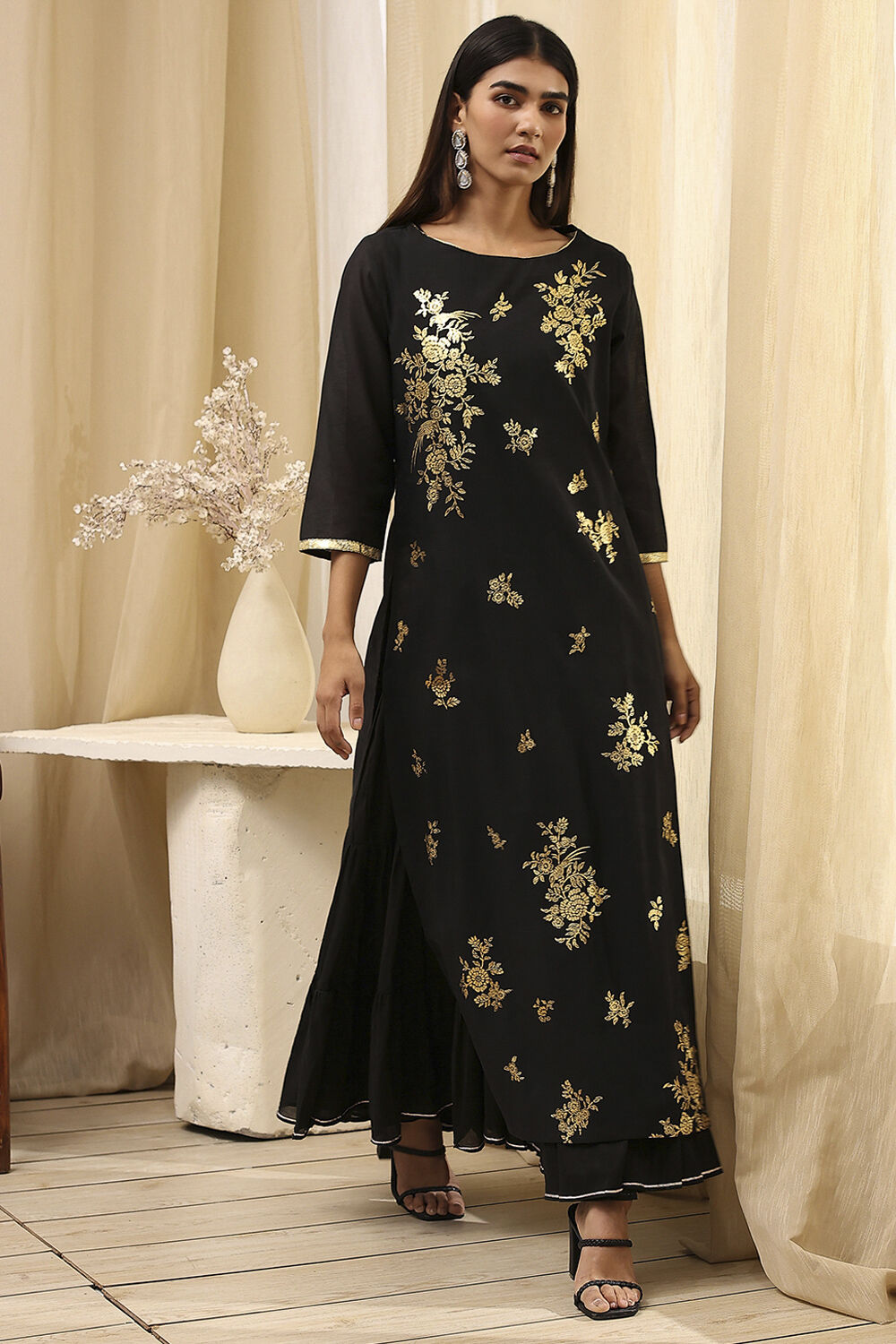 Black Poly Chanderi Layered Tiered Dress image number 6