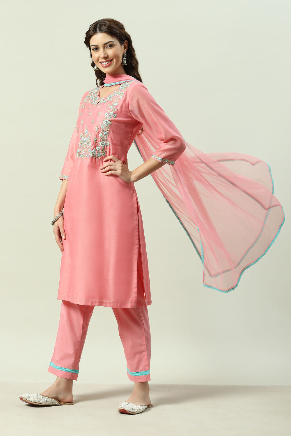 Blush Peach Yarndyed A-Line Kurta Regular Pants Suit Set image number 5