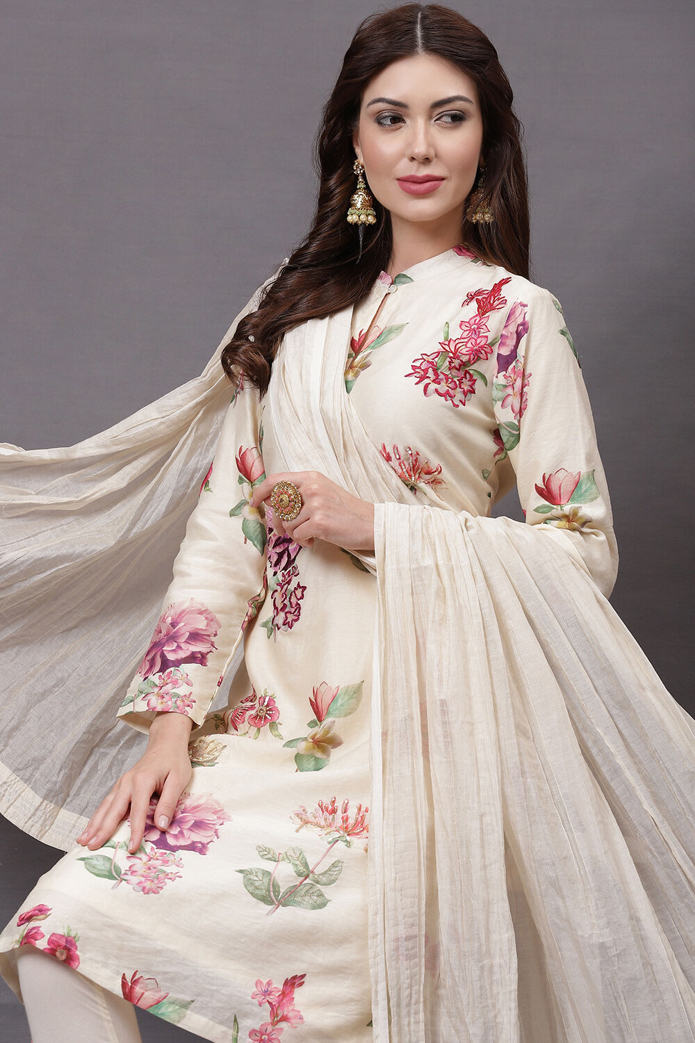 Off White Cotton Silk Straight Printed Suit Set image number 8